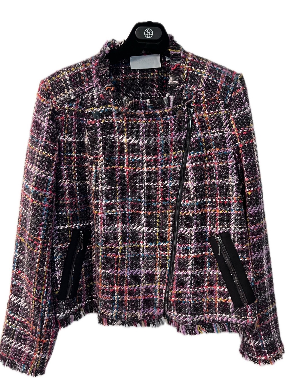 Carlisle Multicolor Tweed Fringe Zip Blazer
